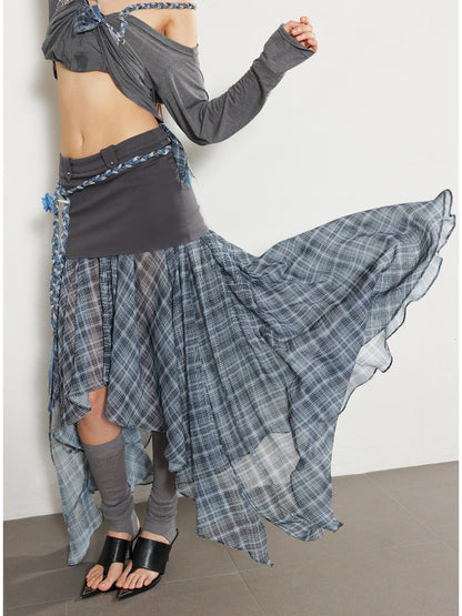 Checkered Mesh Spliced Midi Skirt