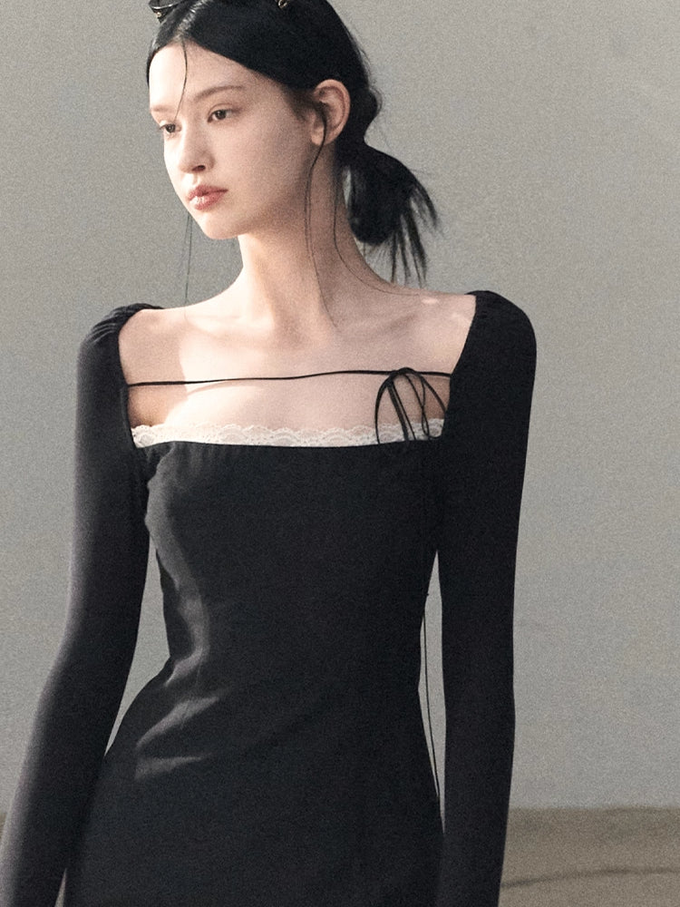 Slim-Fit Black Waist-Cinched Long-Sleeve Dress
