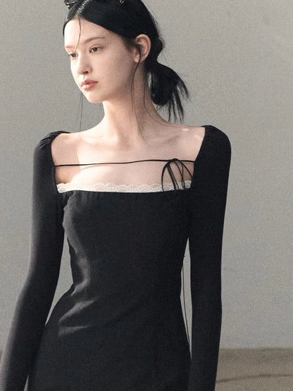 Slim-Fit Black Waist-Cinched Long-Sleeve Dress