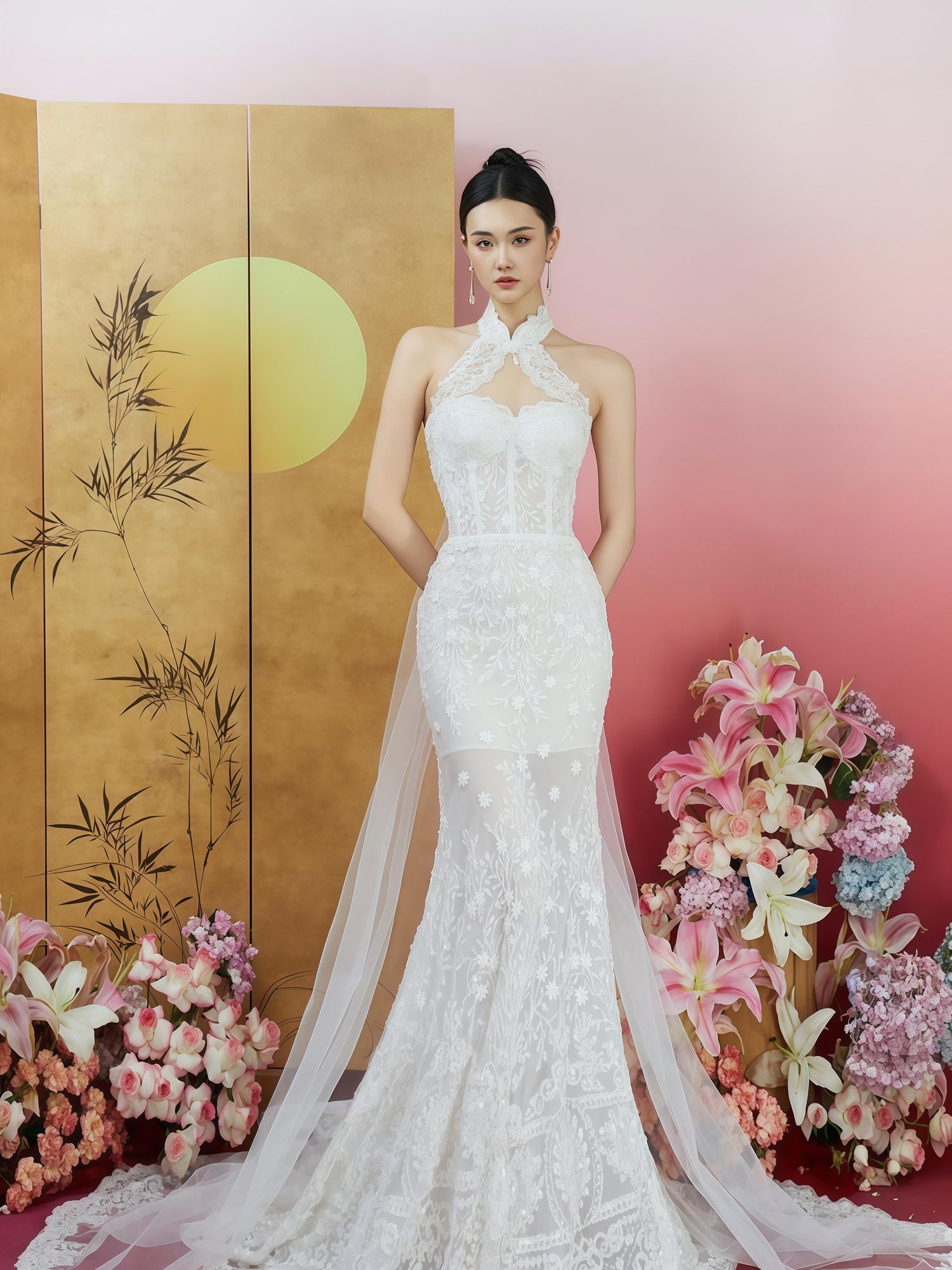 象牙色高级定制刺绣露背鱼尾婚纱（带超长拖尾）