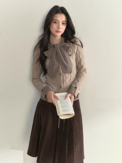 Retro Bow-Tie Preppy Layered Cable Knit Cardigan