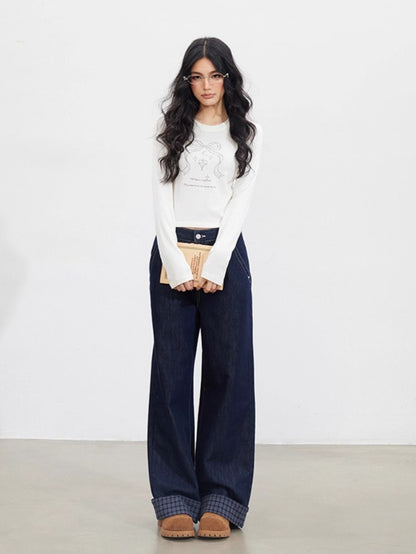 MacyMccoy Plaid Patchwork Wide-Leg Jeans - CHINASQUAD