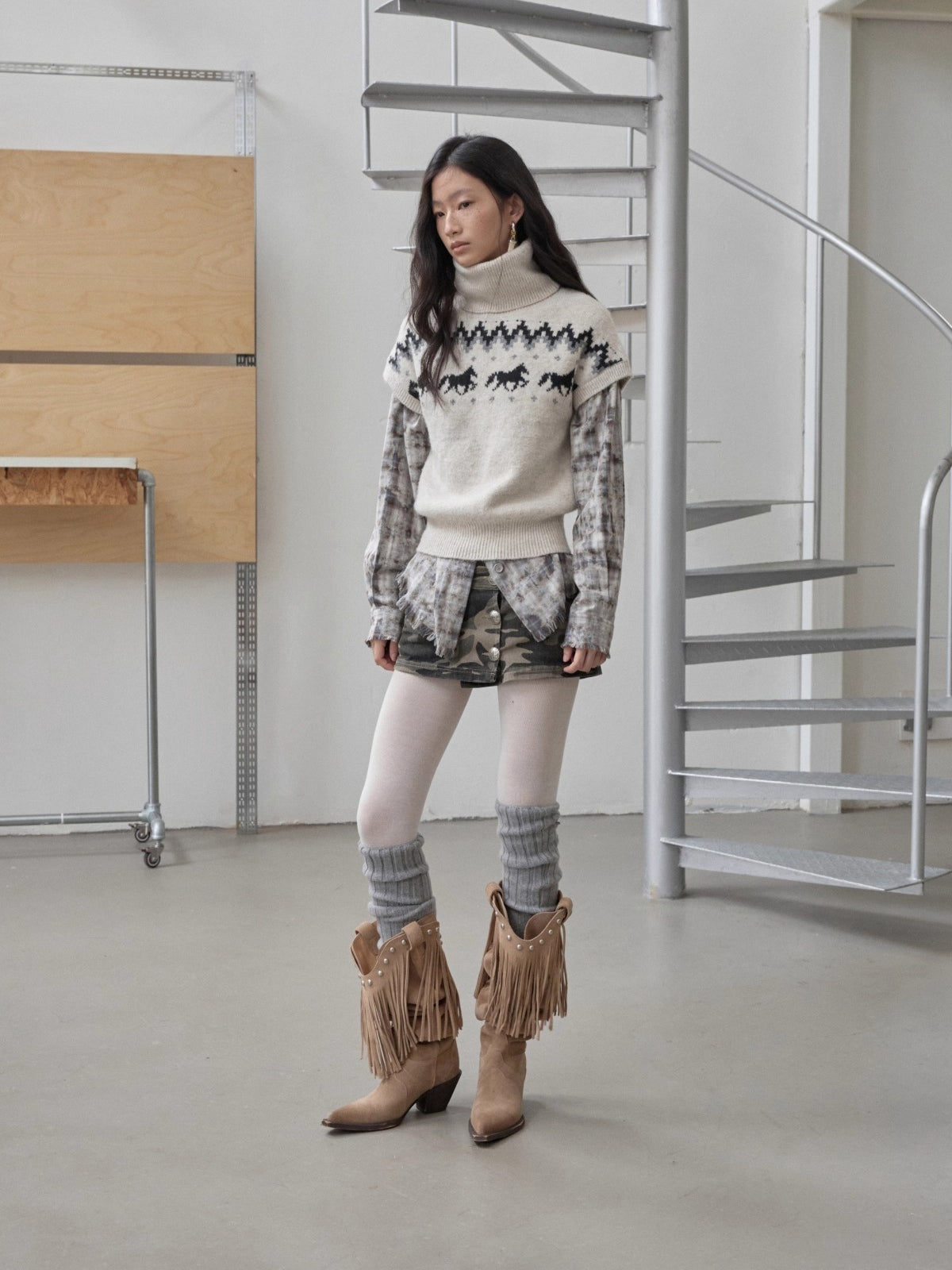 Pointed-Toe Studded Tassel Martin Boots