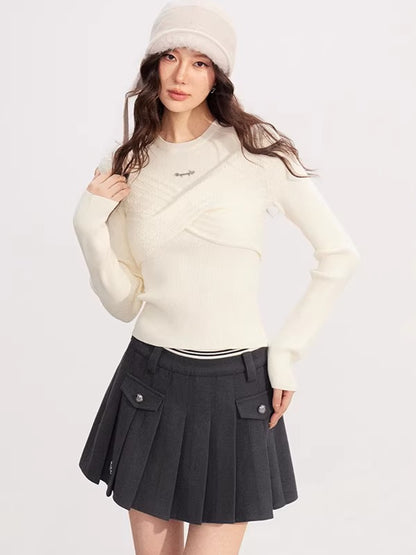 Bow Cable-Knit Vest Long-Sleeve Two-Piece Set