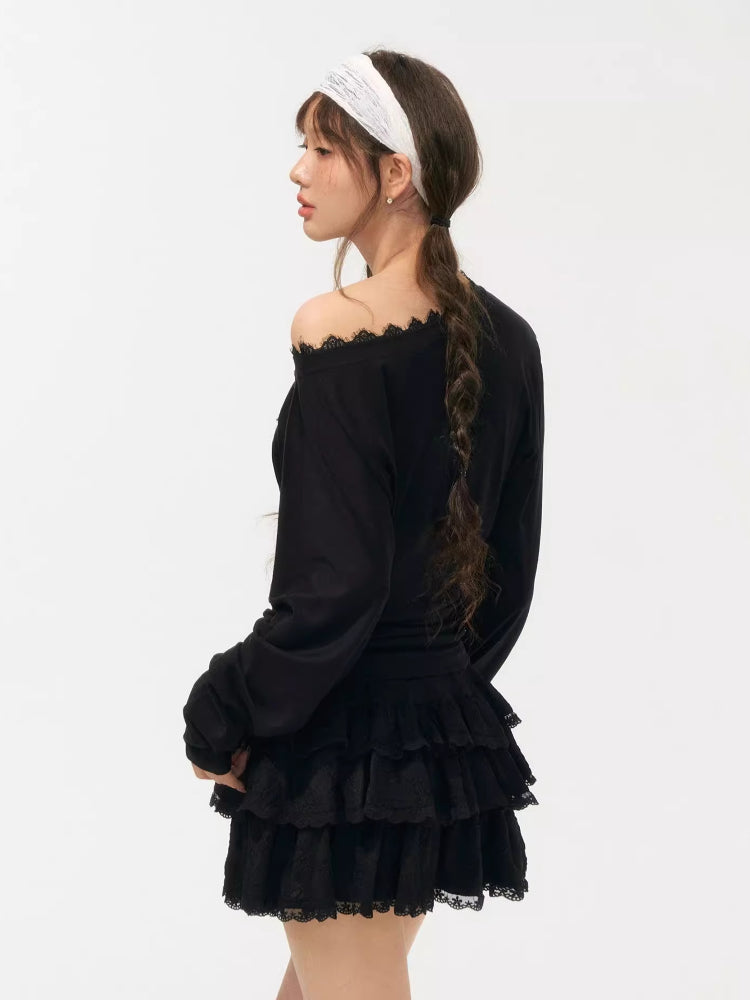 Asymmetric Shoulder Long-Sleeve Top