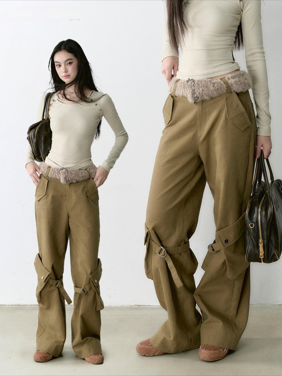 Khaki Loose-fit Cargo Straight-leg Pants