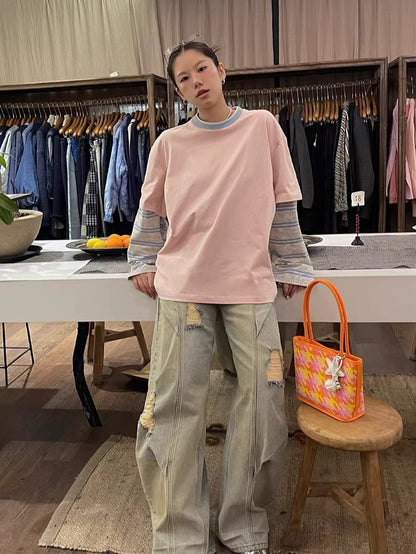 Contrast-Neck Relaxed Patchwork Cotton T-Shirt