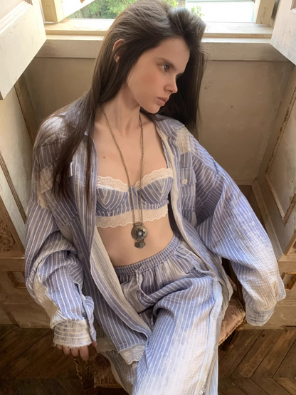 Washed Blue Stripe Shirt / Straight Pants / Corset Set