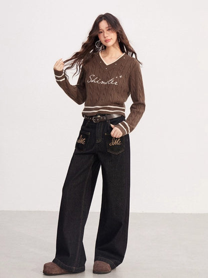 Layered-Effect Embroidered Knit V-Neck Sweater
