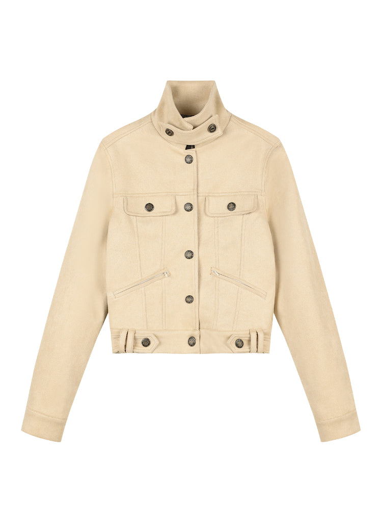 Khaki Suede Korean-Style Short Jacket