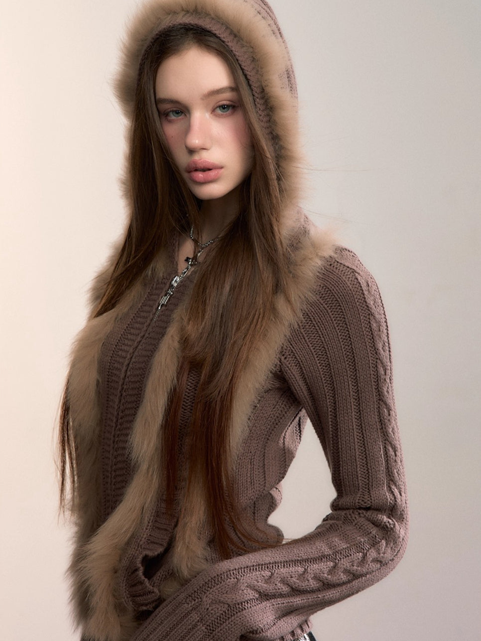 Fox Fur Trim Hooded Knit Cardigan