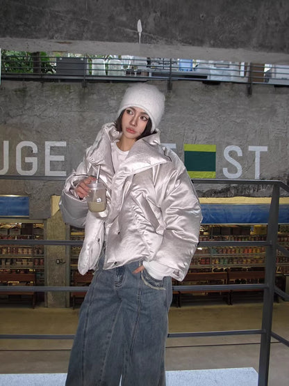 Oversized Leather-Texture Down Jacket