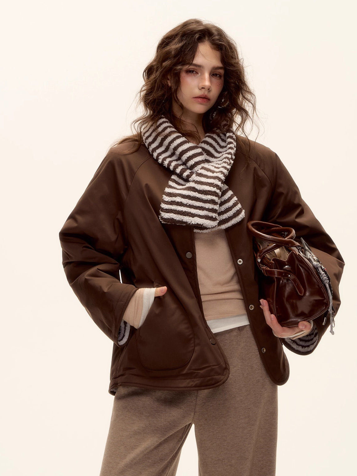 Reversible Striped Faux Scarf Detail Shearling Jacket