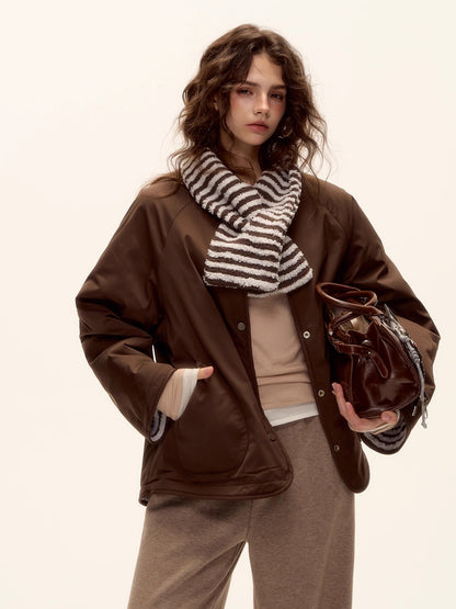 Reversible Striped Faux Scarf Detail Shearling Jacket