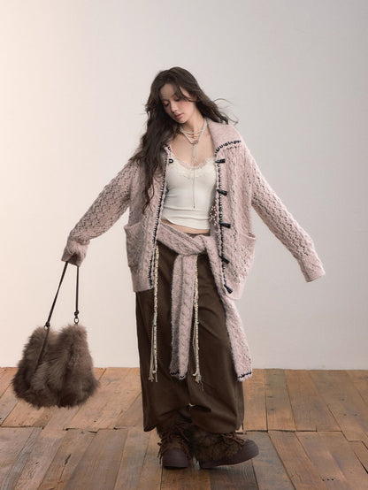 Heavy-Knit Toggle Wool-Blend Cardigan with Matching Scarf