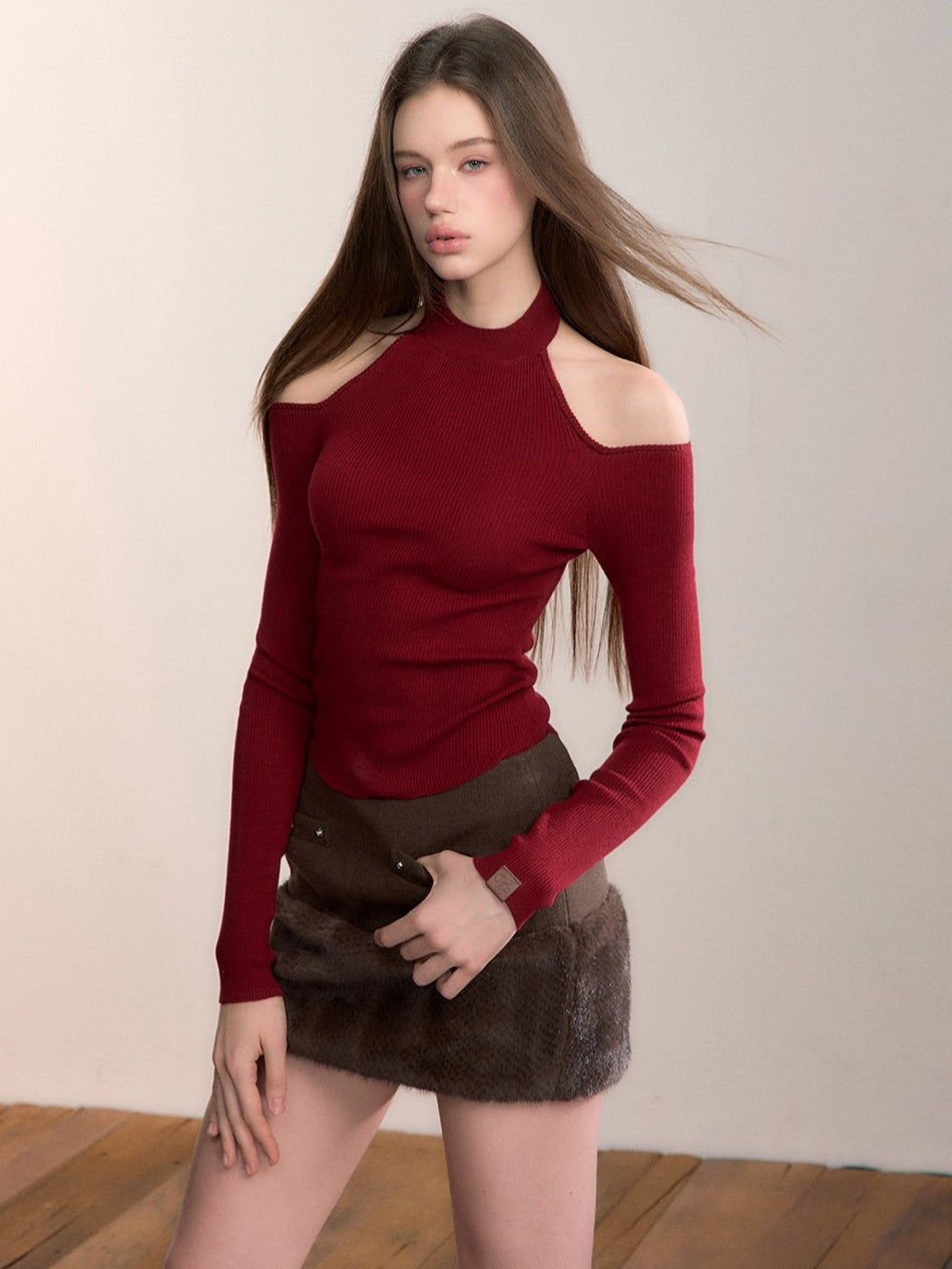 Reversible Cold-Shoulder Knit Turtleneck
