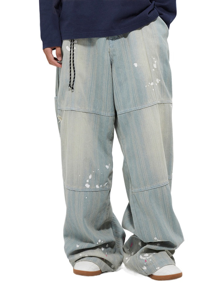 Splattered Wash Stripe Texture Workwear Denim Pants