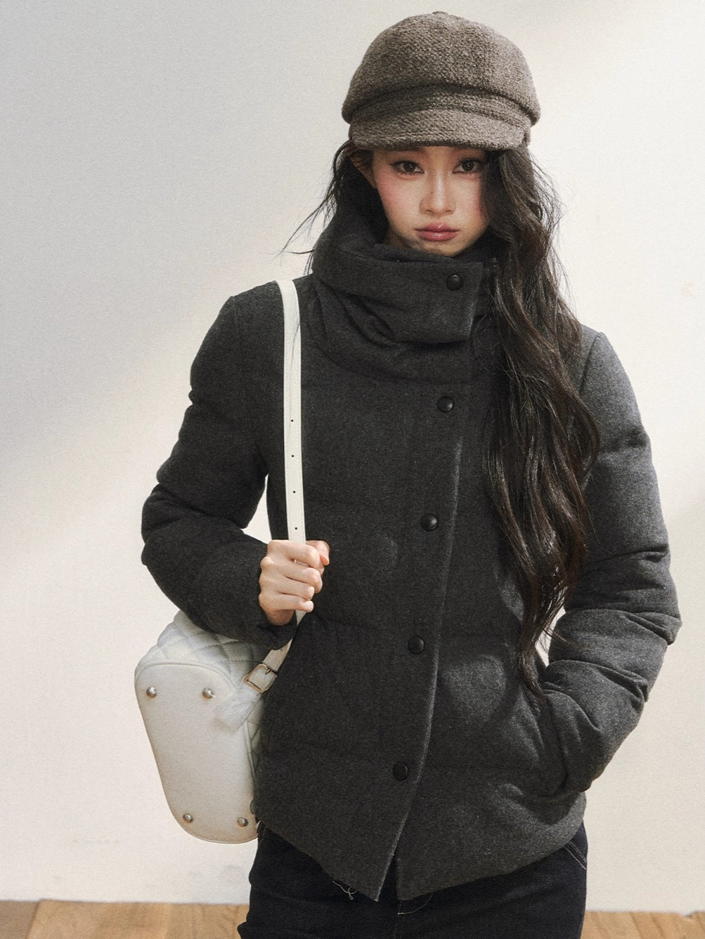 Gray Wool-Blend Quilted Short Puffer Jacket