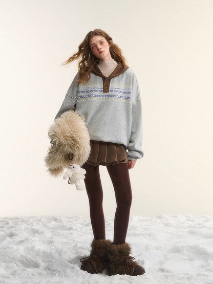 Contrast Patchwork Hooded Fleece Sweatshirt