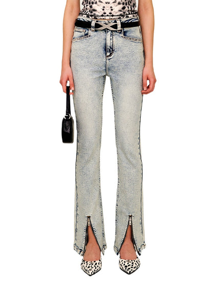 Rivet Biker Zipper Elastic Split Flare Jeans