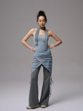 Blue-Gray Striped Two-Way Beaded Swing Collar Tank Top - CHINASQUAD