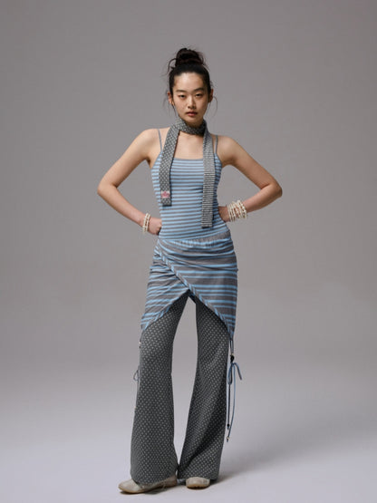 Blue-Gray Striped Two-Way Beaded Swing Collar Tank Top - CHINASQUAD