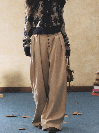 Khaki Relaxed Straight-Leg Wide Trousers