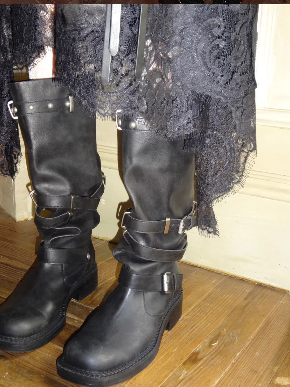 Multi-Strap Studded Mid-Calf Biker Boots