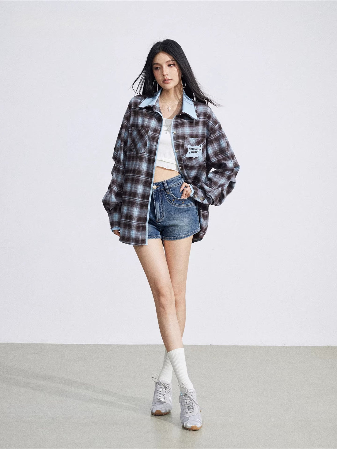 Vintage Contrast Embroidered Plaid Shirt