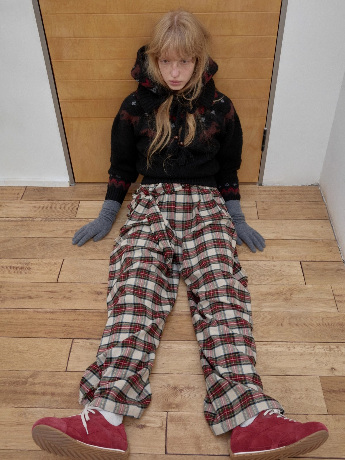 Vintage Red Plaid Brushed Cotton Wide-Leg Pants