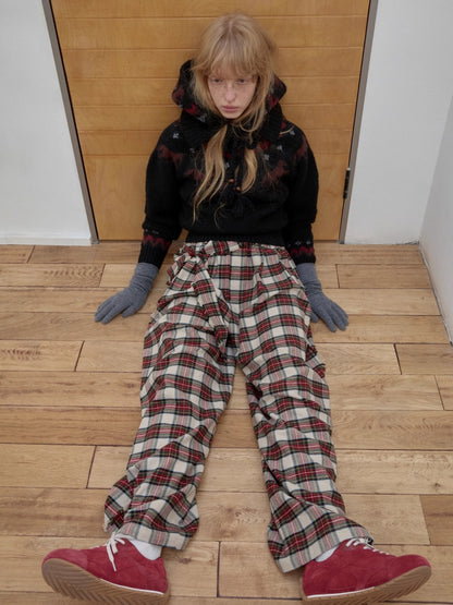 Vintage Red Plaid Brushed Cotton Wide-Leg Pants