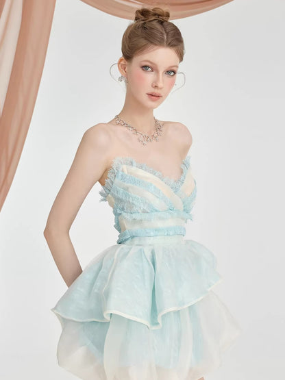 Puff Skirt &amp; V-Neck Bandeau Two-Piece Set