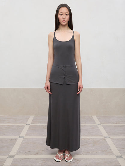 Deep U-Neck Button-Strapped Dress