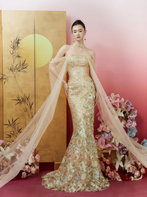 Champagne Lumière Sequin Embroidered Mermaid Gown with Sheer Cape