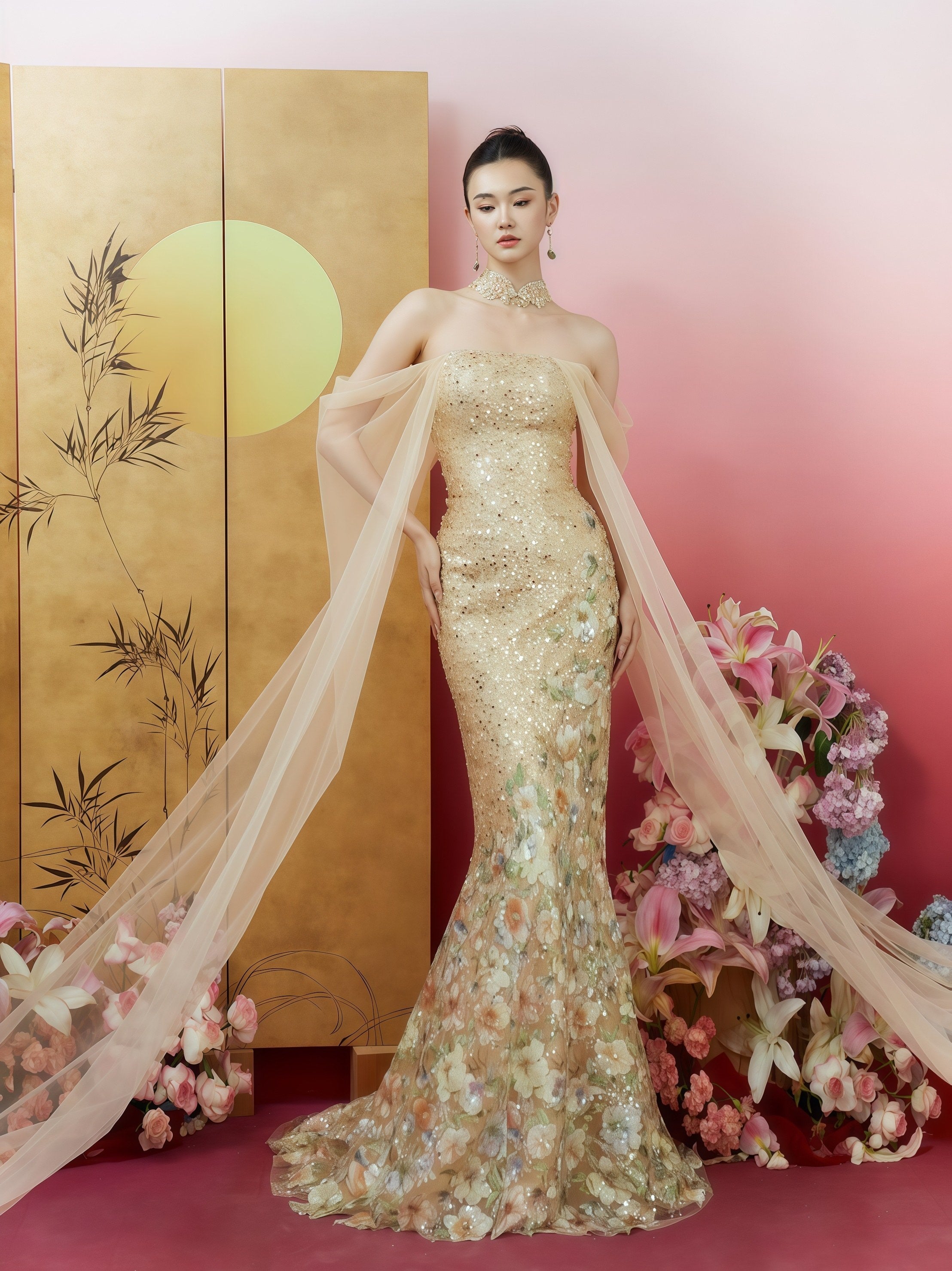 Champagne Lumière Sequin Embroidered Mermaid Gown with Sheer Cape