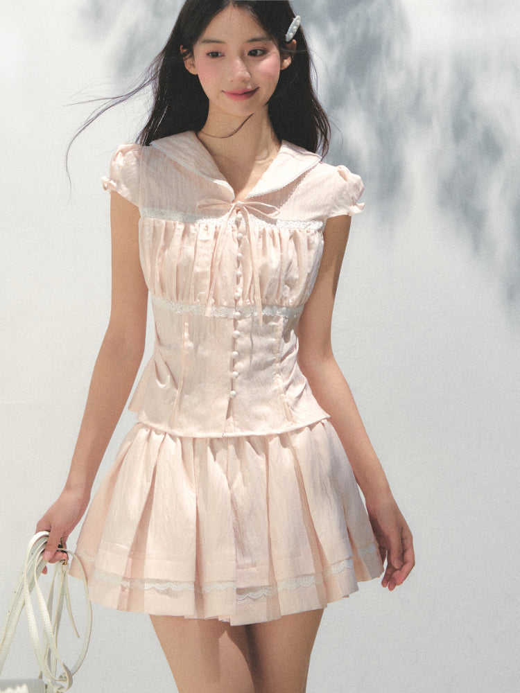 Navy Collar Lyocell Waist-cinching Shirt &amp; Skirt Set