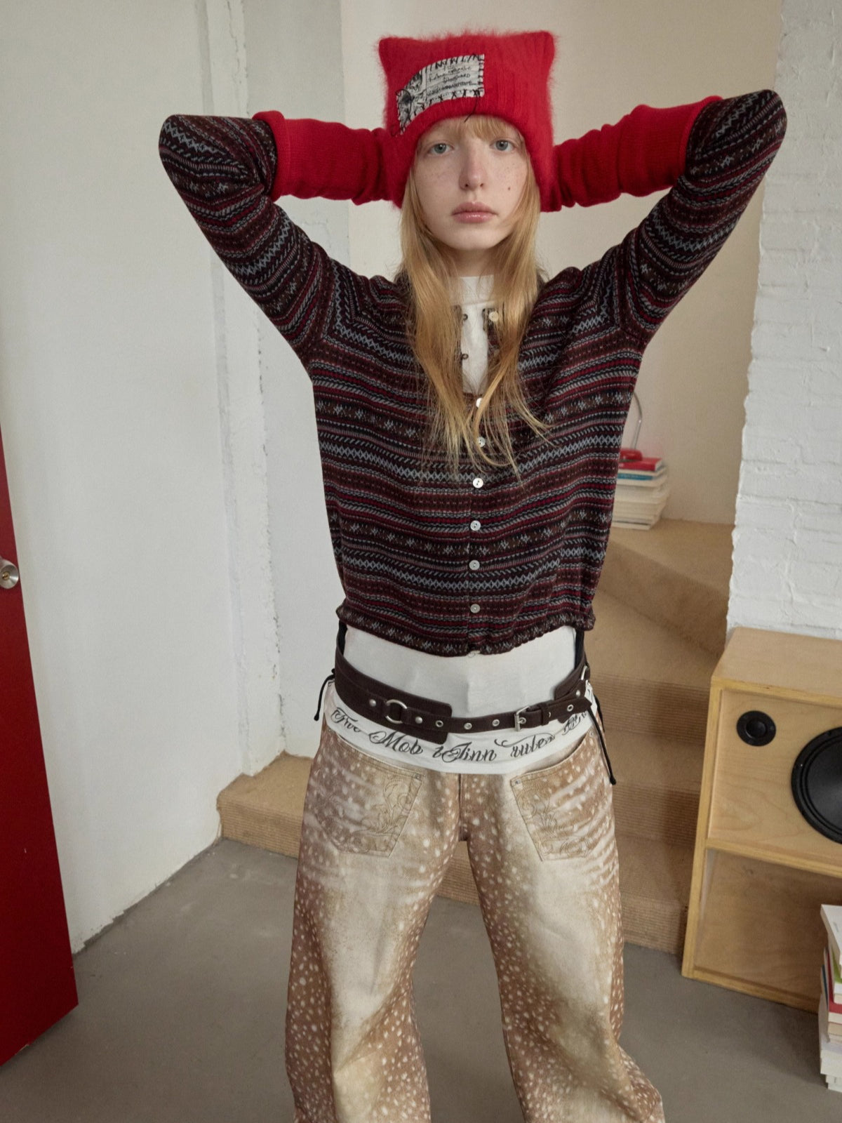 Fair Isle Pony Jacquard Drawstring Knit Cardigan