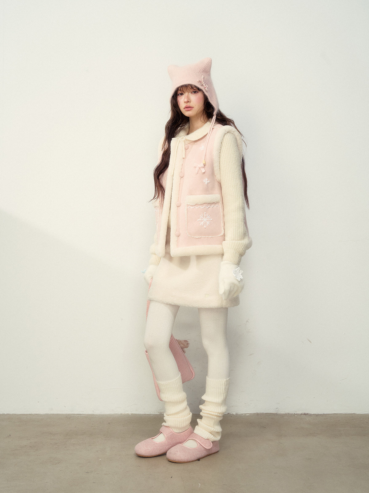 Pink Snowflake Embroidered Faux Shearling Vest