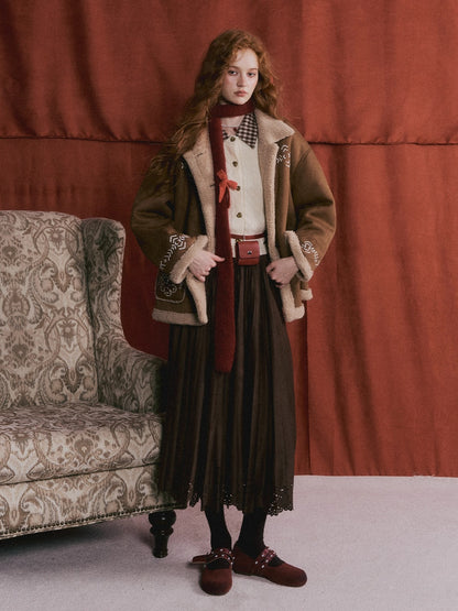 Heavy Embroidered Faux Shearling Suede Jacket