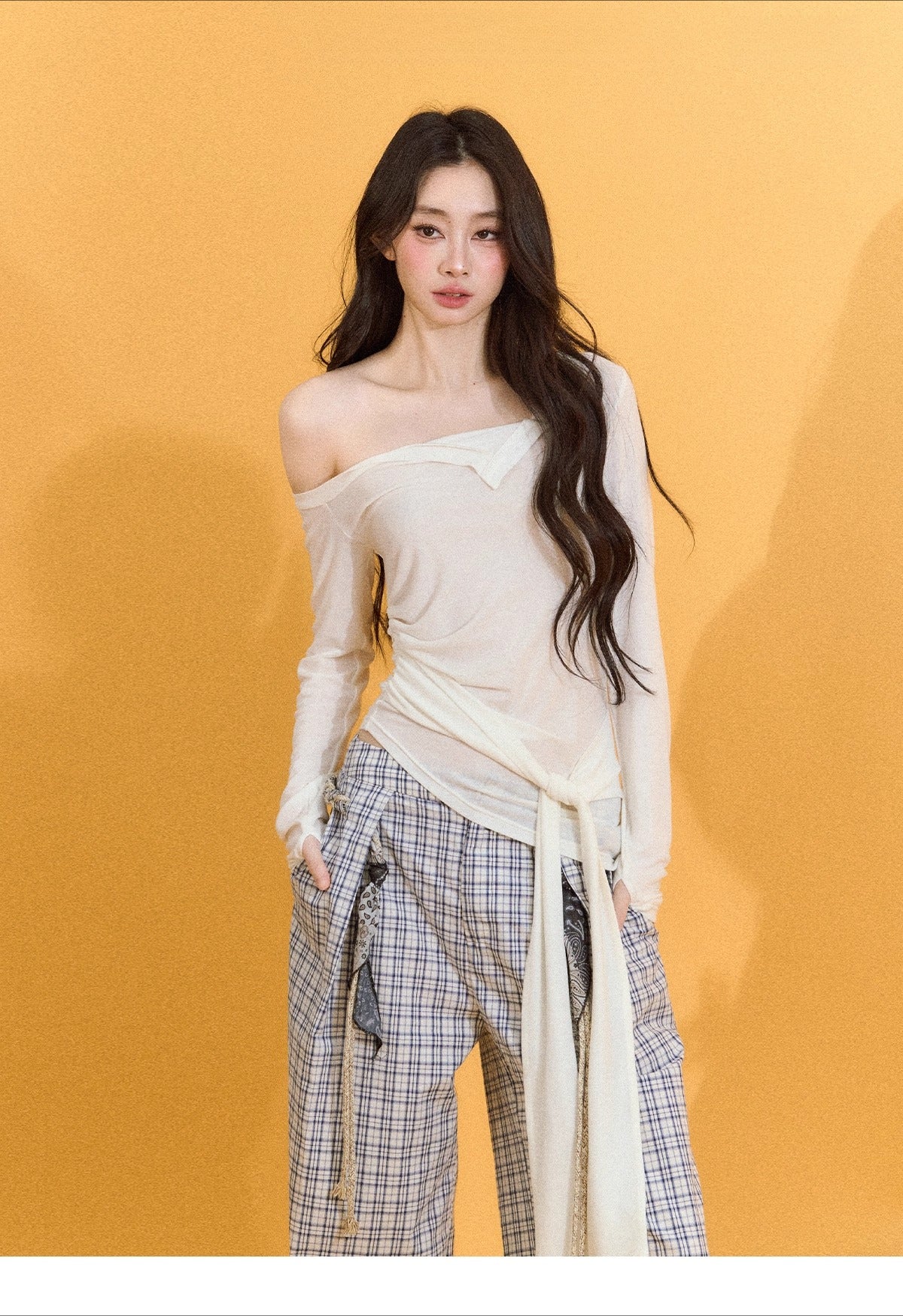 Asymmetric Shoulder Cross-Tie Knit T-Shirt