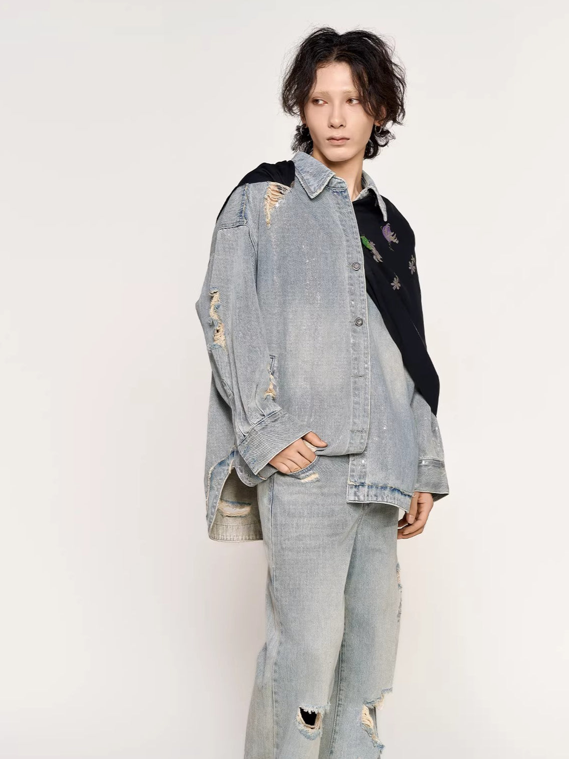 Silver-Foil Raw-Edge Oversized Denim Shirt