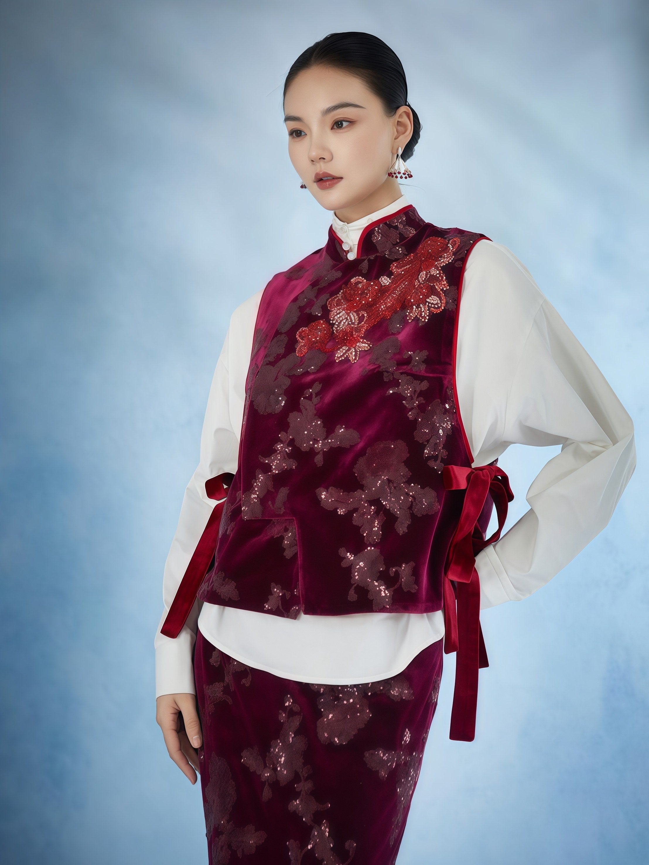 Crimson Bloom Embroidered Layered Tailored Set