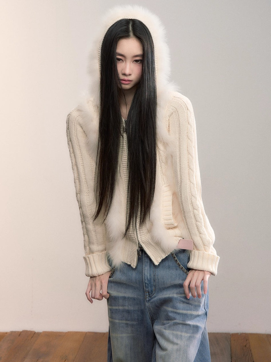 Fox Fur Trim Hooded Knit Cardigan