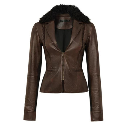 Fur-Collar Printed Leather Suit Set