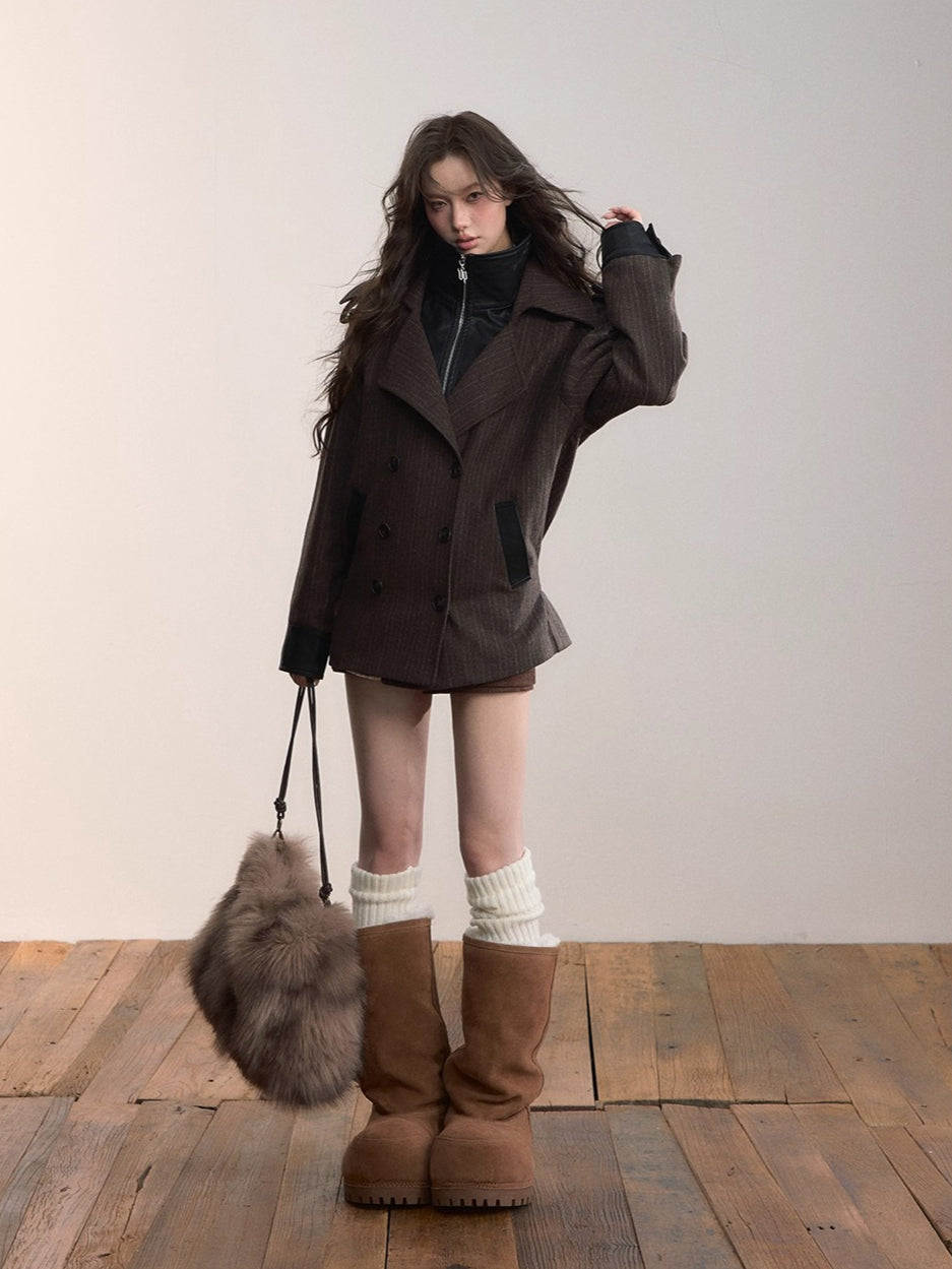 Contrast Faux-Layer Double-Breasted Wool-Blend Jacket
