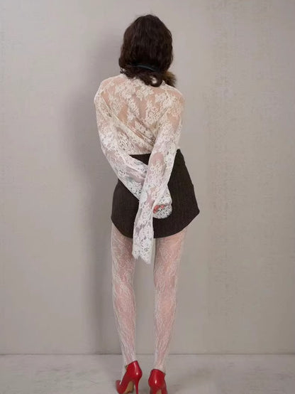 Layered Ribbed Lace-Trim Crewneck T-Shirt