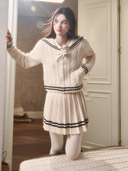 White Philosophy Wool Cloud Cable-Knit Cardigan &amp; Pleated Skirt Set