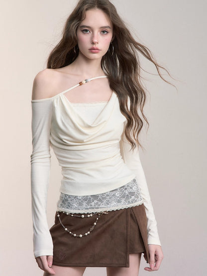Fake Two-Piece Lace Off-Shoulder Beaded T-Shirt