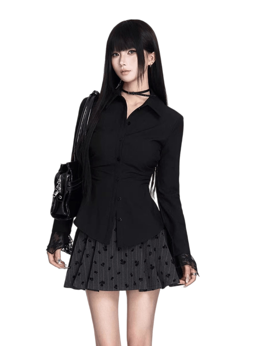 Striped Lace-Panel Waist-Defining Shirt