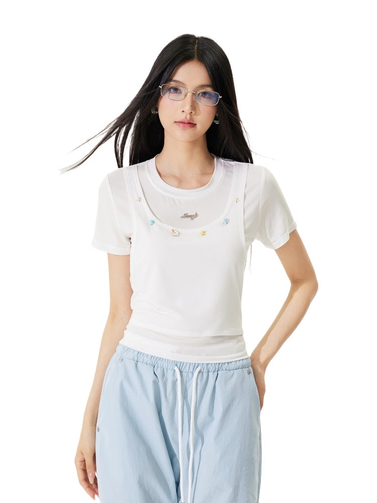Fake Two-piece Cool Tie-front Regular Shoulder T-shirt - CHINASQUAD